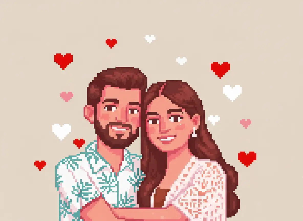 Cute pixel art illustration of a couple with hearts